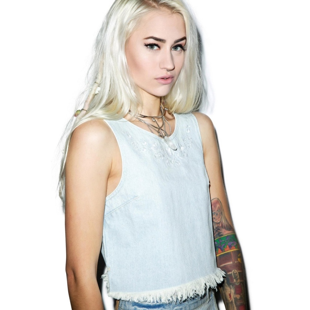 NEW Somedays Lovin' Moku Denim Crop Top Jean Sleeveless Distressed Destroyed XS